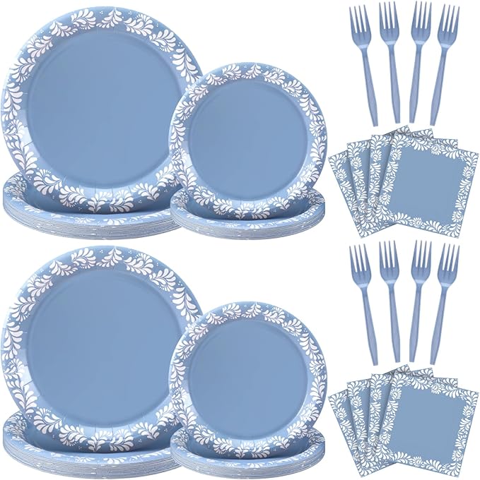 AmazingSpark 122 Pcs Blue Cielito Lindo Baby Shower Decoration Platos De Barro Mexicanos Fiesta Talavera Paper Plates Mexican Napkins Forks Tableware Set for Birthday Weeding Party Supplies, Serve 24