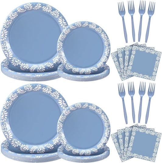AmazingSpark 122 Pcs Blue Cielito Lindo Baby Shower Decoration Platos De Barro Mexicanos Fiesta Talavera Paper Plates Mexican Napkins Forks Tableware Set for Birthday Weeding Party Supplies, Serve 24