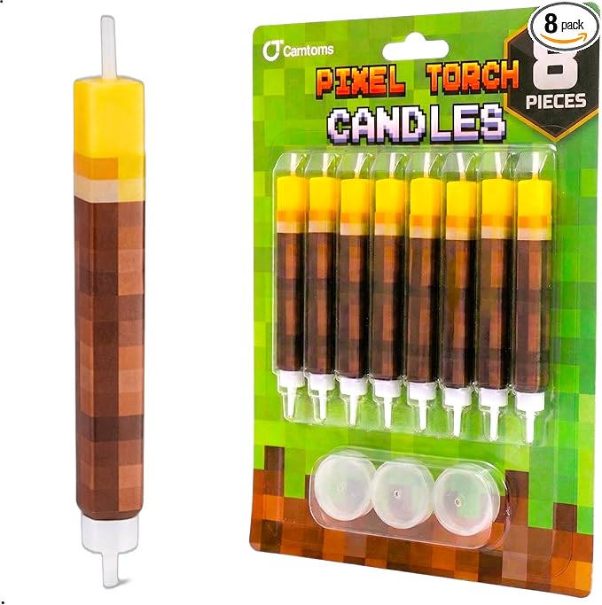 Pixel Torch Birthday Candles (8 Pack) - Large 3-Inch Wax Cake Toppers for Video Game Party Decorations - Novelty Gaming Themed Candle Set for Boys Level Up Celebration