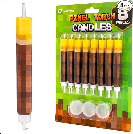 Pixel Torch Birthday Candles (8 Pack) - Large 3-Inch Wax Cake Toppers for Video Game Party Decorations - Novelty Gaming Themed Candle Set for Boys Level Up Celebration