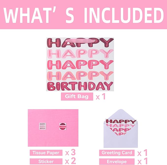 Qirrmiy 13'' Large Pink Happy Birthday Gift Bag Set with Handles, Greeting Card, Tissue Papers and Stickers for Women Girls Kids Teens, Words Design, 1 Pcs