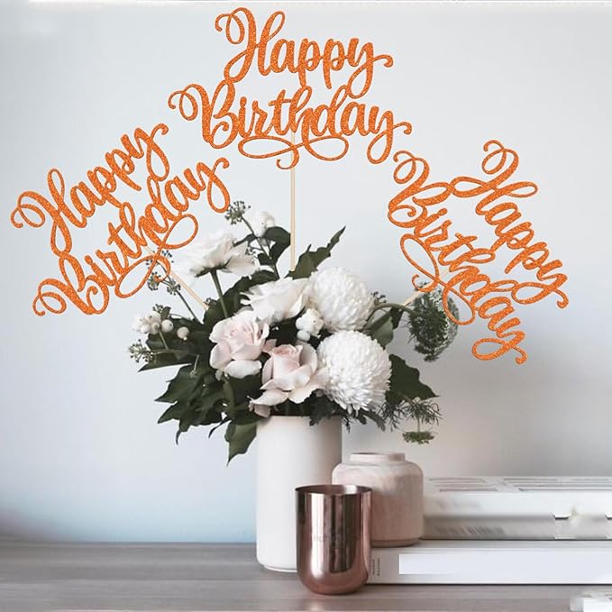 12 PCS Happy Birthday Centerpiece Sticks Double Sided Glitter Birthday Party Table Flower Centerpieces Anniversary Floral Decorations for Celebrating Birthday Party Centerpieces Supplies Orange