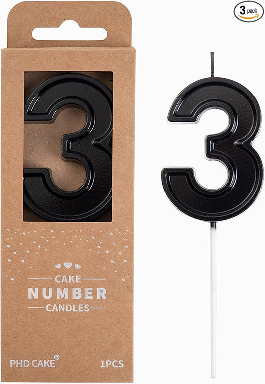 PHD CAKE 2.76 Inch Luxe Black 3 Number Birthday Candles, Black Number Candles, Cake Number Candles, Party Celebration