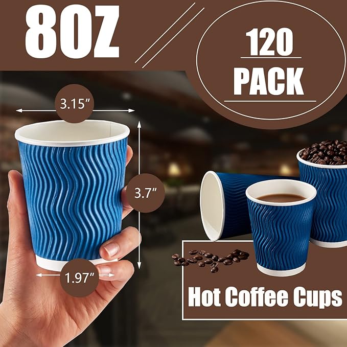 Lamosi 120 Pack 8 oz Disposable Coffee Cups, Insulated Corrugated Paper Cups, Kraft Ripple Wall Cups for Hot Beverage or Cold Drinks Office/Home/Party/Travel/Cafe (Navy)