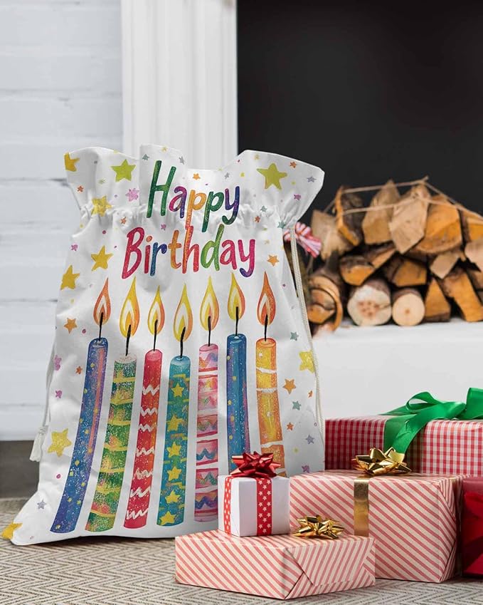 Victoroes Happy Birthday Drawstring Gift Bags 2 Pieces, 11.8" x 15.7" Medium Colorful Star Candles Gift Bag Reusable Fabric Wrap Bags for Wedding Party Birthday Christmas Seasonal Holiday