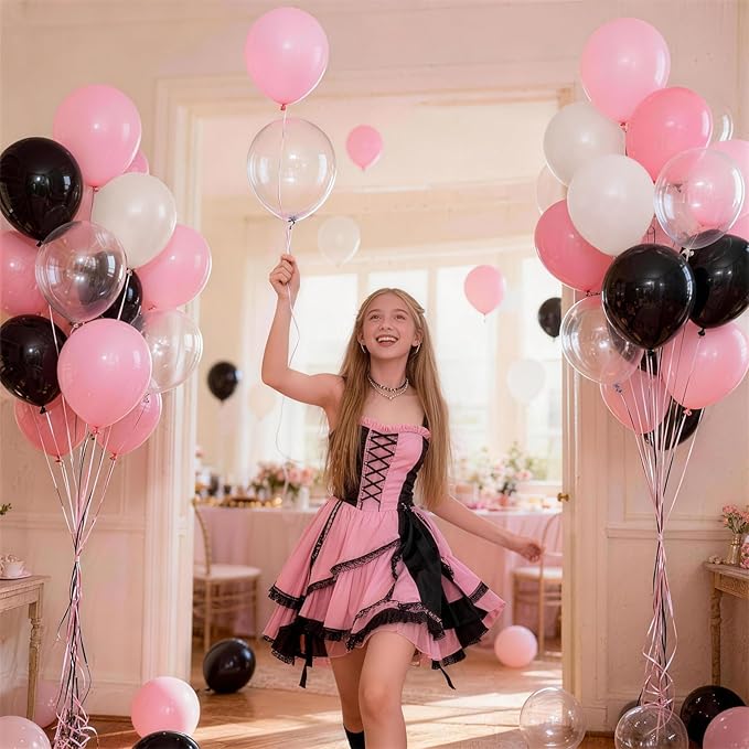 Black and Pink Balloons Set, Black White Clear Double Pearl White Pastel Pink Latex Balloons Set for Girl Women Bridal Baby Shower Wedding Valentines Sweet 16 Princess Birthday Party Decorations