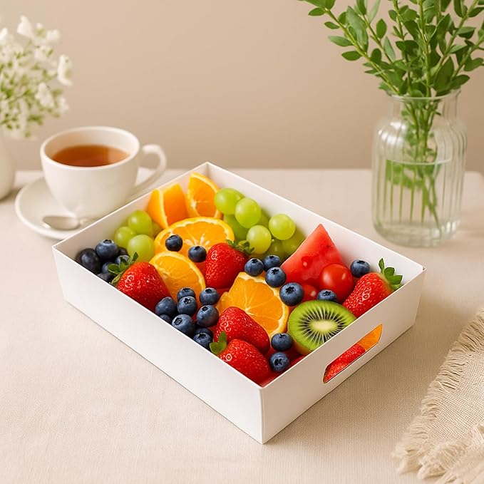 Frcctre 30 Pack 13" L X 9" W X 3" H Disposable Cardboard Serving Trays, Large White Paper Cardboard Serving Platters Food Trays for Snacks, Fruits, Cookies, Desserts, Appetizers, Veggies