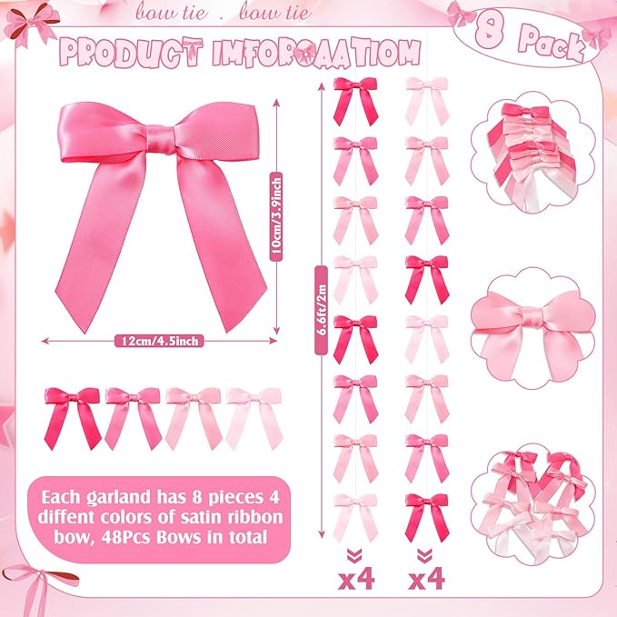 Taobary 8 Pcs 6.6 ft Bow Garland, Satin Ribbon Bow Banner Coquette Hanging Ornament for Photo Backdrop Birthday Party Wedding Bridal Baby Shower Wall Decorations(Pink Series,1 Inch)