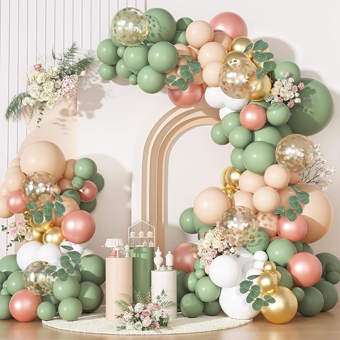 166Pcs Sage Olive Green Blush Peach Balloon Garland Arch Kit Orange White Green Gold Balloons Eucalyptus for Tropical Wedding Jungle Safari Greenery Baby Shower Birthday Party Decorations