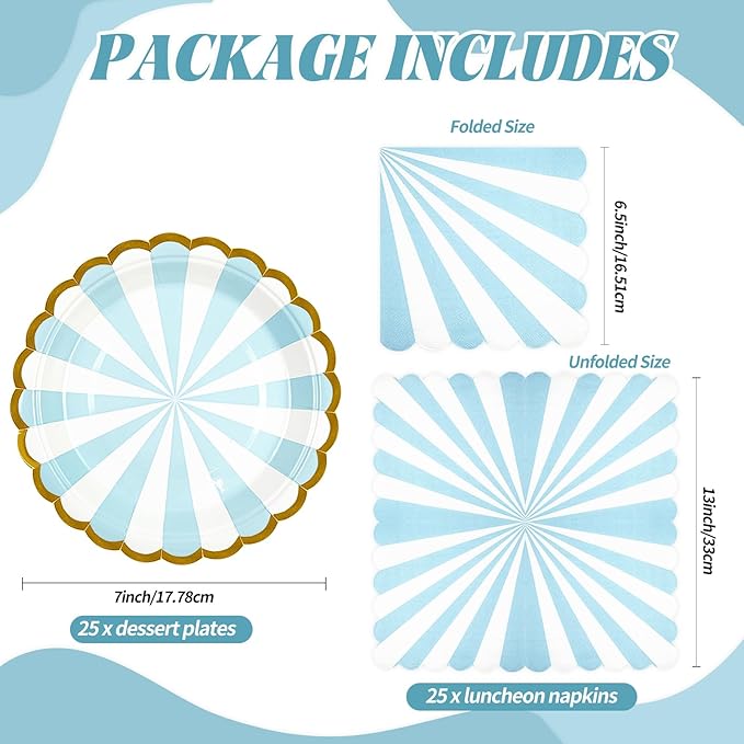 50PCS Blue Striped Paper Plates and Napkins Party Supplies, 7 inch Disposable Gold Foil Scalloped Dessert Plate Party Tableware Set for Birthday Wedding Bachelorette Baby/ Bridal Shower Decorations
