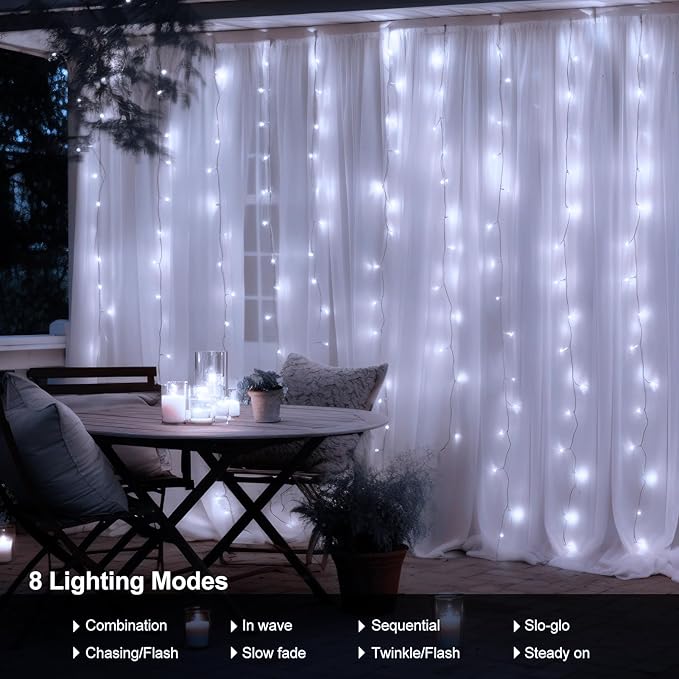 echosari Curtain Lights Battery Operated, 9.8Ft x 9.8ft 300 LED Curtain String Light with Remote Timer 8 Modes Hanging Lights for Wedding Party Home Garden Wall Decor (Cool White)