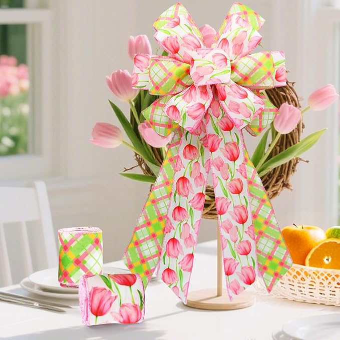 2 Rolls Pink Tulip Wired Ribbon - 2.5 Inch Wide, 10 Yards Total, Elegant Tulip Floral for Wedding Decor, DIY Crafts & Gift Wrapping, Romantic Pink Wired Edge Ribbon