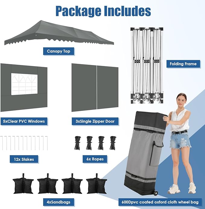 HOTEEL 10x30 Pop Up Canopy with 8 Sidewalls, UV 50+ and Waterproof 10×30 Party Tent, Thickened Frame, Large Space Easy Pop Up Canopy, Outdoor Canopy for Weddings, Beaches, Parties, Patio (Grey)