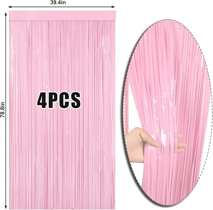 4 Packs Pastel Pink Foil Fringe Curtain, Baby Pink Metallic Tinsel Backdrop for Birthday, Wedding, Baby Shower, Princess Bachelorette Cowgirl Bow Party Decorations Supplies