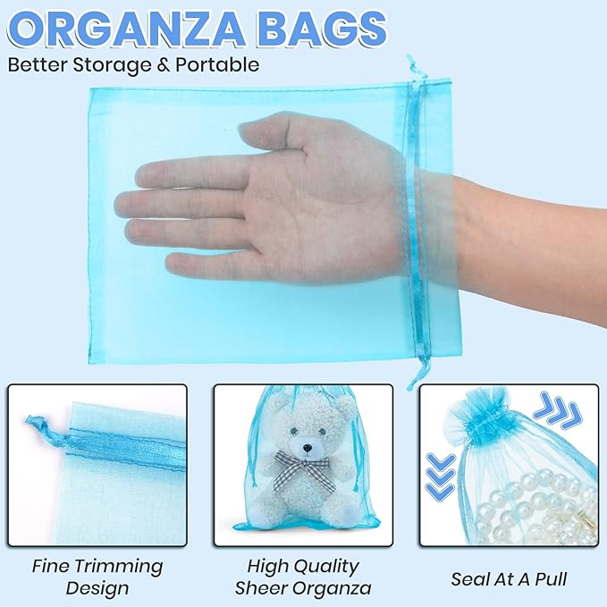 ANZNKU 50 Pack Organza Bags 6x9 Inch, Mesh Bag Drawstring Large Organza Gift Bags for Easter Baby Shower, Party Favors(Lake Blue)