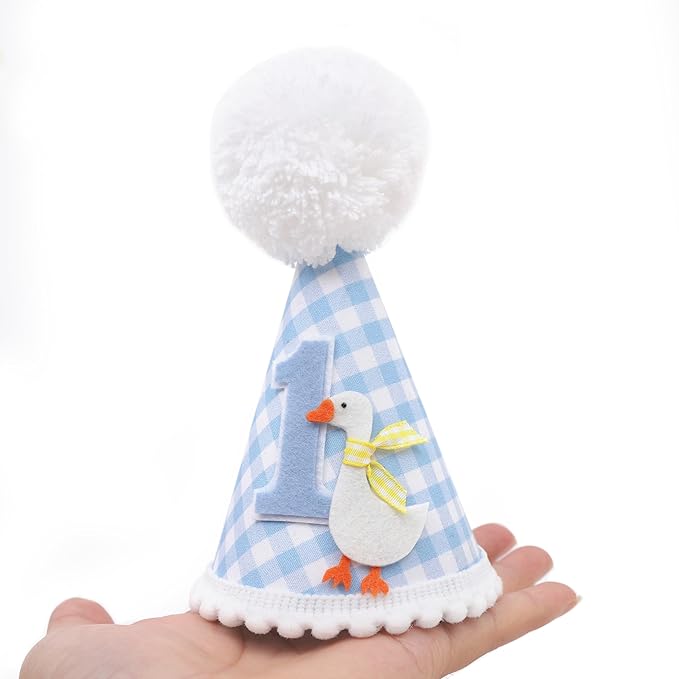 One Funny Goose Birthday Hat - Goose 1st Birthday Decorations, Blue Gingham 1st Bday Party Hat for Boys, One Goosie First Bday Crown