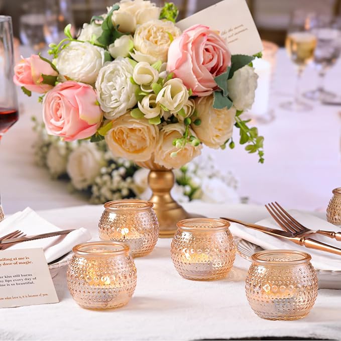 32 Pcs Gold Votive Candle Holders, Round Tea Light Candle Holders with Polka Dot Embossed, Gold Table Centerpieces for Weddings, Home Decor, Baby Shower, Special Occasions