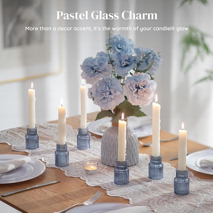 Glasseam Candle Sticks Holder Decor: 10 Pcs Ribbed Blue Glass Candle Holder Modern Fluted Taper Candle Holders Bulk for Table Centerpiece Wedding Decorations Dinner Party Home Decor