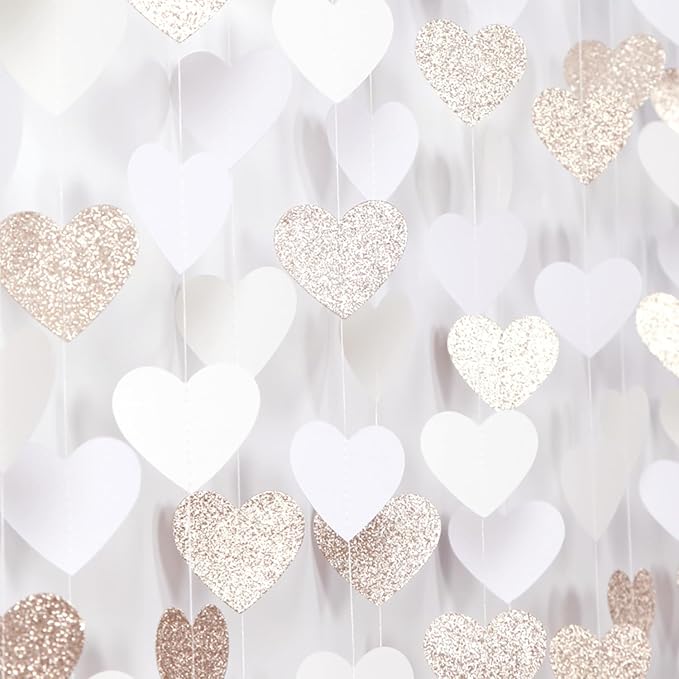 Champagne-Gold Milky-White Birthday Party-Decorations Heart-Garland - 52ft Wedding Hanging Streamers Banner,Bachelorette Engagement Romantic Special Night Baby Bridal Shower Backdrop Decor Burgleda