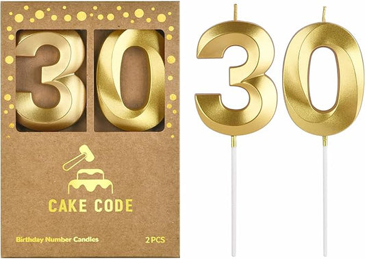 2.76 Inch Diamond Gold 30 Number Birthday Candles, Gold and Cake Number Candles for Party Celebration
