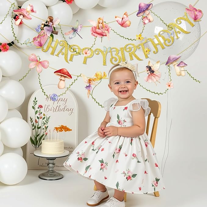 SUNBEAUTY Fairy Birthday Party Banner Fairy Party Decorations Fairy First Birthday Party Decorations for Girls Women Flower Mushroom Garland Leaf Vine String for Baby Shower Wonderland Spring Summer Garden Tea Party