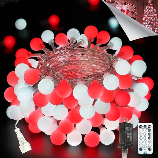 2026 New Connectable 43FT Smart Voice Controlled String Lights Indoor Outdoor | 100LED Red and White Globe Fairy Lights with Remote, 12 Modes Waterproof Hanging Light for Bedroom Classroom Decor