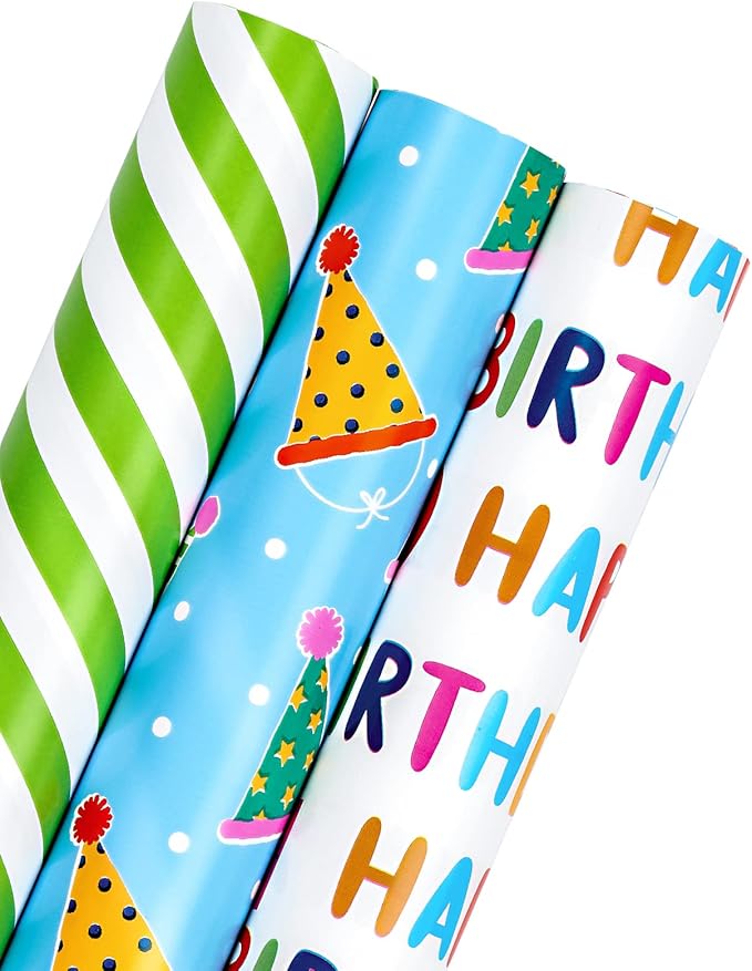 WRAPAHOLIC Mini Birthday Wrapping Paper Rolls - 3 Rolls, 17 Inch X 120 Inch Each - Happy Birthday Lettering and Stripe for Kids, Baby Shower