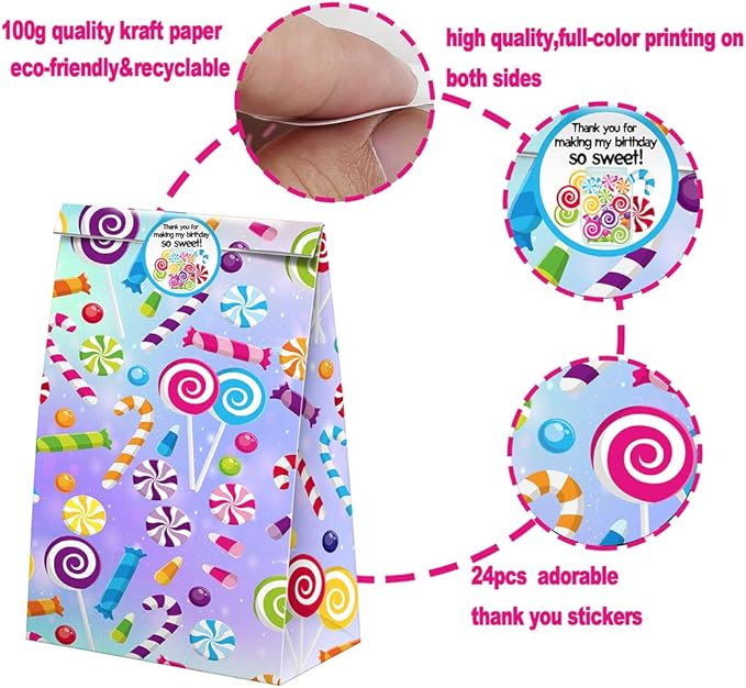 Candyland Goodie Bags-24 Pcs Candy Party Favors Bags with Stickers, Candy land Goody Gift Treat Bags Candyland Themed Birthday Party Supplies