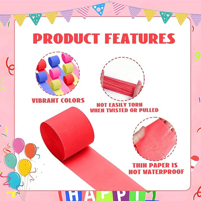 Blue Red Yellow Crepe Paper Streamers 8 Rolls 32ft Blue Paw Birthday Party Supplies Baby Shower Wedding Decorations(1.77inx32ft)