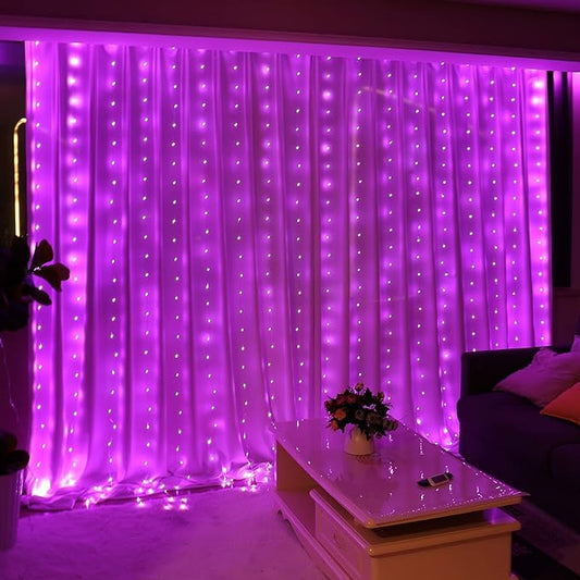 HXWEIYE 300LED Fairy Curtain Lights, 9.8x9.8Ft USB Plug-in 8 Modes Christmas String Hanging Lights with Remote for Bedroom Backdrop Wedding Indoor Wall Decor, Pink, Tangle-Free – 1 Pack