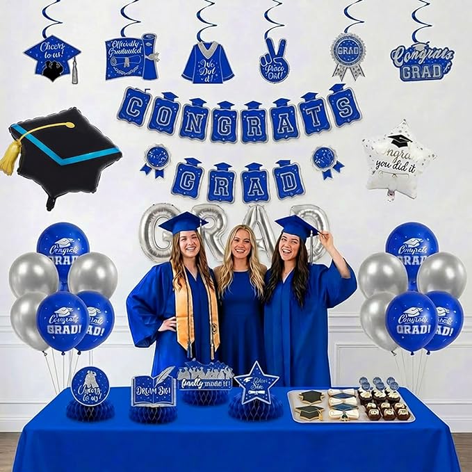 Royal blue Silver Balloon Garland Arch Kit with backdrop Stars Graduation Cap crown GRAD Letters Mylar Balloons for 2026 graduate Prom Decorationss