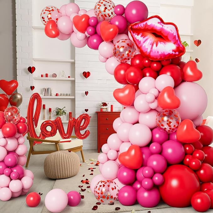 DBKL 138pcs Valentines Day balloon Garland Arch Kit, Pink Red Rose Pink Balloons with Love Lips Foil Balloons for Valentines Birthday Wedding Anniversary Party Decorations