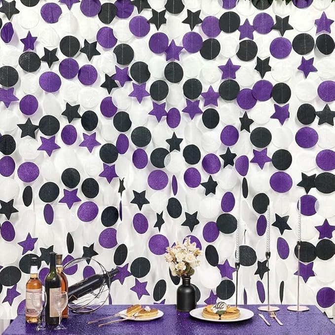 173 Ft Purple Black and White Party Decorations Big Star Circle Dot Backdrop Streamer Garland for Graduation Birthday Bachelorette Engagement Wedding Bridal Shower Baby Shower Halloween Party Supplies
