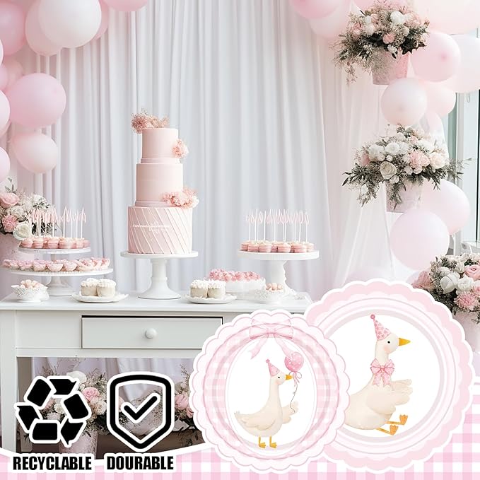 Zhehao 350 Pcs One Silly Goose Birthday Party Tableware Set Scalloped Pink Bow Baby Shower Plates Cup Napkins Forks for Birthday Party Decorations Supplies for 50 Guests