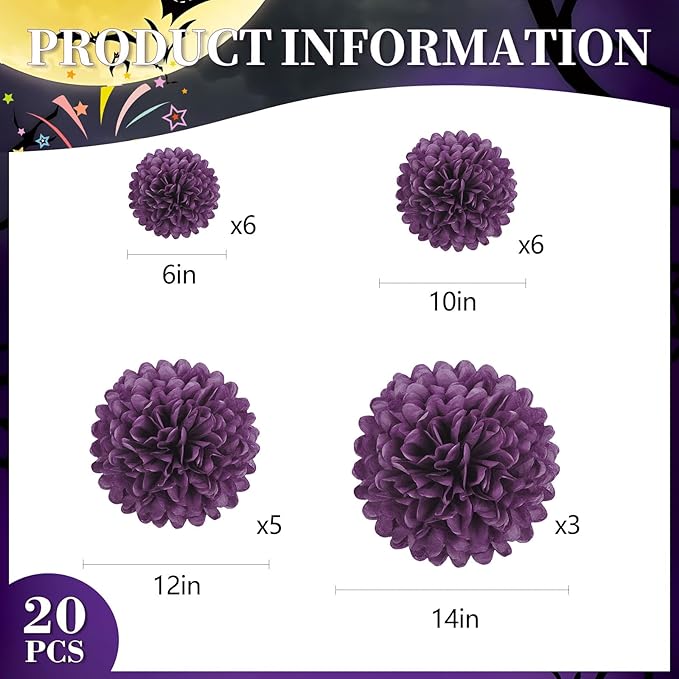 20 PCS Purple Tissue Paper Pom Poms, Tissue Pom Poms Flowers, Sizes of 6", 10", 12", 14" Hanging Paper Flower Ball for Wedding, Birthday, Halloween, Christmas, Baby Shower Party Decor
