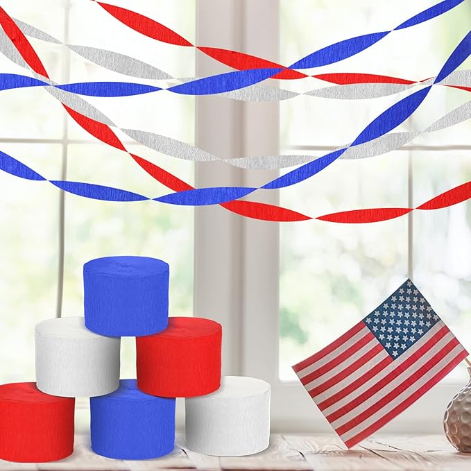 Sherr 24 Rolls Crepe Paper Streamers Hanging Party Decoration Holiday Streamers for Arty Decorations, Birthday Decorations, Wedding Decorations (Red, White, Blue,1.8 Inch x 98 Feet)