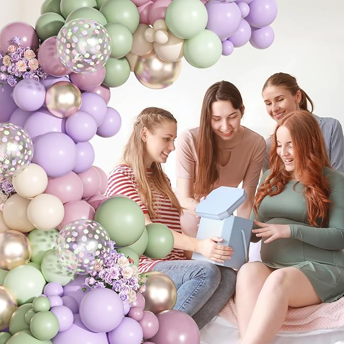 Ouddy Party Dusty Green Purple Pink Balloons Garland Arch Kit, Different Sizes 18 12 10 5 Inch Pastel Mist Green Ivory Lavender Latex Confetti Balloon for Spring Birthday Baby Shower Party Decorations