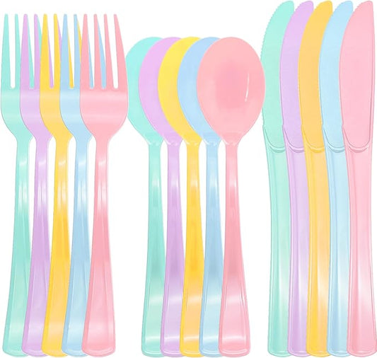 150 Pcs Pastel Plastic Silverware Heavy Duty Iridescent Utensils Plastic Pastel Silverware Disposable Includes 50 Forks 50 Knives 50 Spoons for Easter, Birthday, Baby Shower, Garden Party, Wedding