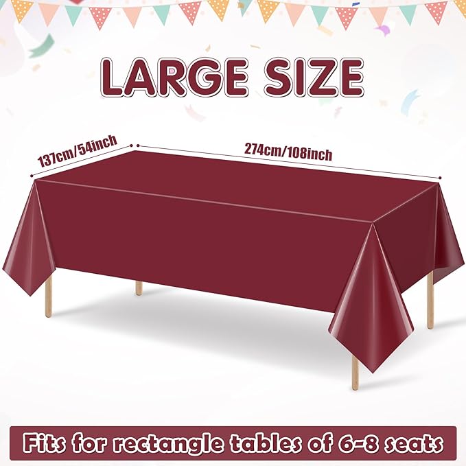 3Pcs Burgundy Tablecloth,Disposable Plastic Tablecloths,Waterproof Wine Red Rectangle Table Cover for Graduation Birthdays Weddings Anniversary Party Decorations,54 x 108 Inch