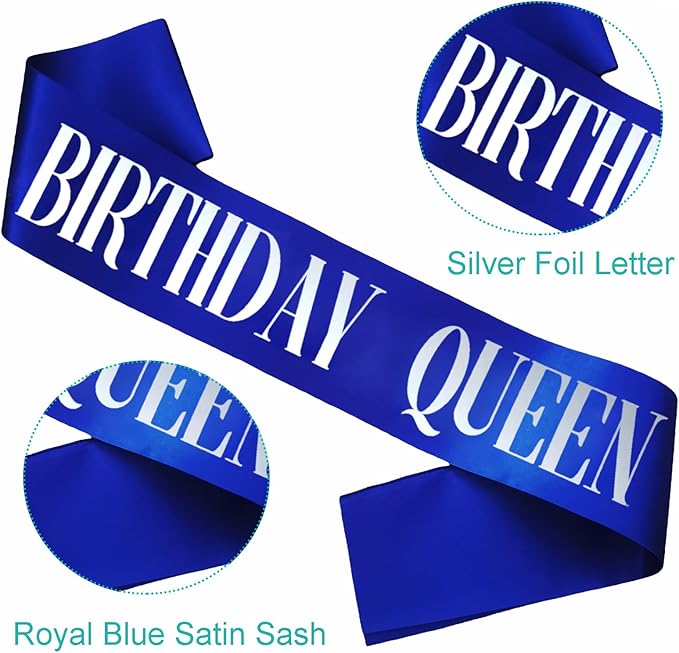Birthday Queen Sash, Silver Foil Royal Blue Birthday Sash for Women 21st 30th 40th 50th 60th 70th Fun Birthday Party Favors Gifts Decorations