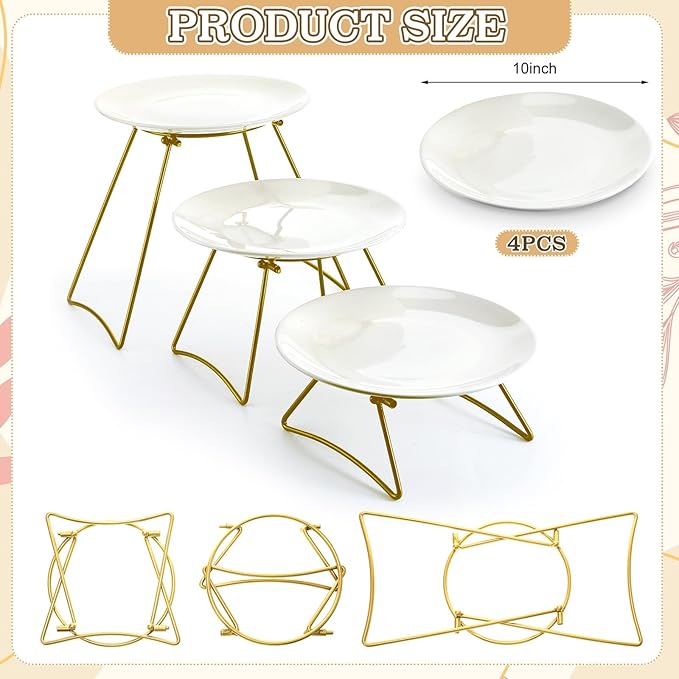 4 Tiered Dessert Serving Stand with White Porcelain Plates, Cookie Table Display Set, 10"x10" Large Dessert Table Display Set for Veggie, Fruit, Cookies for Party Buffet Entertaining
