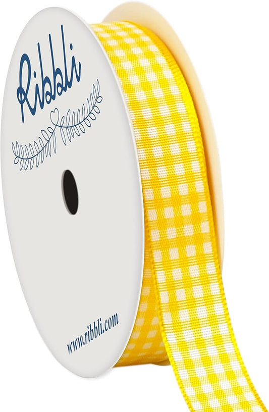 Ribbli Yellow and White Gingham Ribbon,100% Polyester Woven Edge,5/8 Inch x 10 Yard,Plaid Ribbon Use for Gift Wrapping,Floral Design,Hair Bows