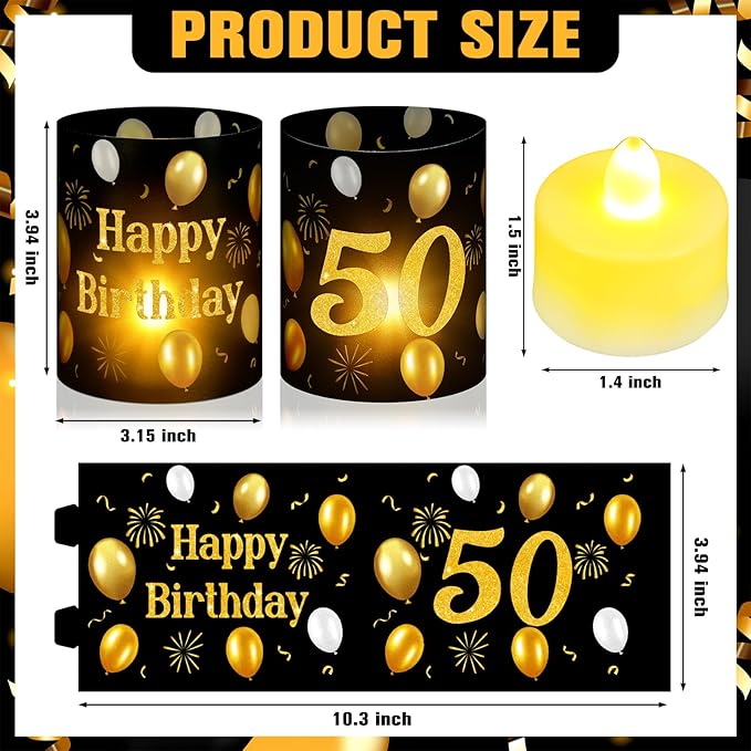10 Sets 50th Happy Birthday Centerpieces for Table Black and Gold Birthday Decorations Lantern Boxes with Tea Lights Candles Centerpieces for Men Women 50th Party Supplies