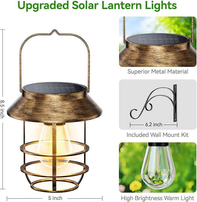 Ahaorigin Solar Lanterns Outdoor Waterproof, High Brightness Hanging Solar Lights for Outside with Wall Hooks, Retro Metal Outdoor Lanterns Auto On/Off for Porch, Patio, Yard Decor 4 Pack