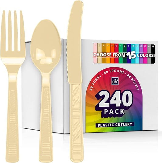 DecorRack Plastic Cutlery Set, Cream Colored Plastic Silverware Sets for Parties, 240 Piece Bulk Heavy Duty Utensils (Cream, 240 Pieces)