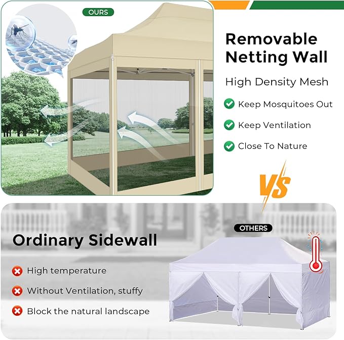 COBIZI 10x20 Heavy Duty Pop Up Canopy Tent with 6 Sidewalls, Easy Set Up Outdoor Waterproof Screen Commercial Party Tent with Mosquito Netting for Parties Backyard Patio, Roller Bag, Khaki