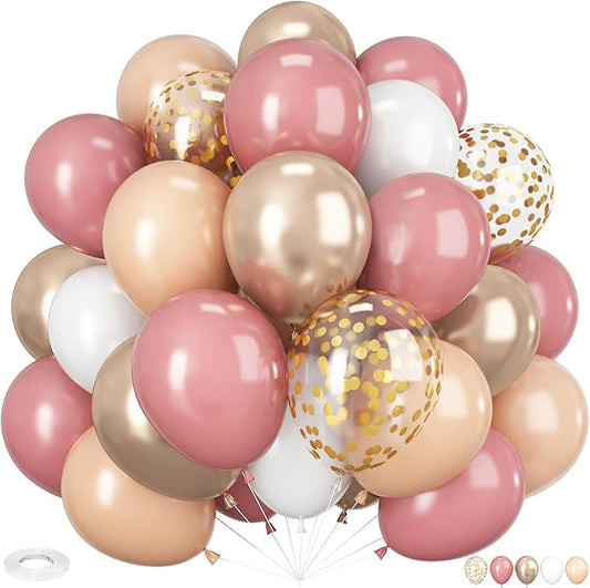 HILAVO Blush Pink Balloon, 60 PCS 12 Inch Retro Pink Gold White Sand Nude Balloons Gold Confetti Latex Balloons for Girls Baby Shower Wedding Bridal Boho Birthday Party Decorations