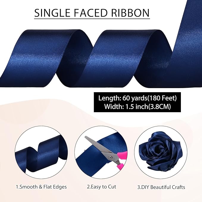 woric Navy Ribbon 1 1/2 Inch 60 Yards Blue Satin Ribbon for Graduation Leis Baby Bridal Shower Wedding Handmade Roses Bows Flower Bouquet Crafts Gift Wrapping