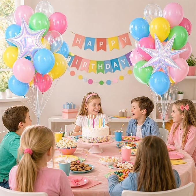 Rainbow Balloons, 12 Inch Multicolor Blue Green Pink Yellow Clear Latex Balloons with Star Foil Balloons for Girl Kid Summer Pool Birthday Baby Shower Wedding Beach Party Decorations