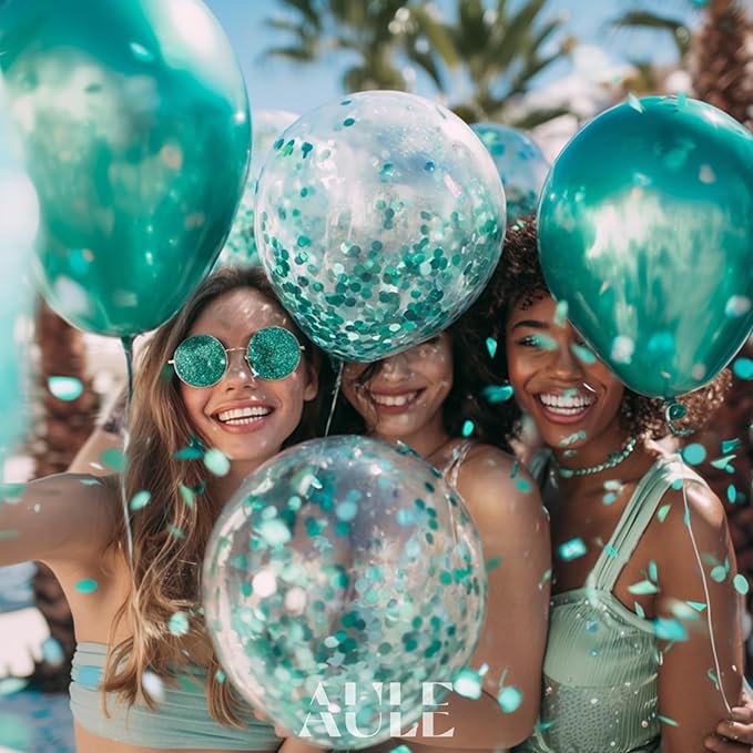 AULE Party Balloons Pack of 42 - Metallic Green Balloons & Confetti Balloons and 64ft Ribbons - 12 Inch Teal Green Balloon Decorations Set